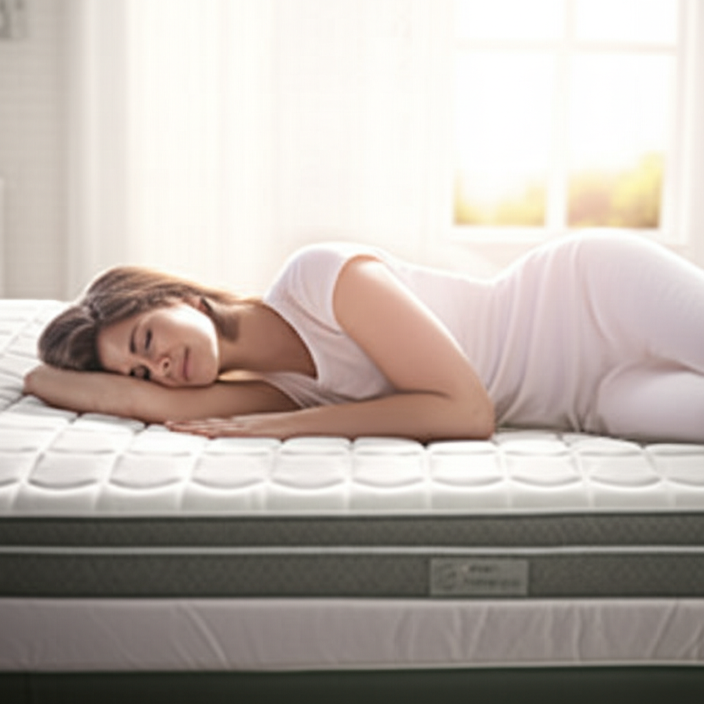 Person waking up pain-free on a supportive mattress with proper spinal alignment shown