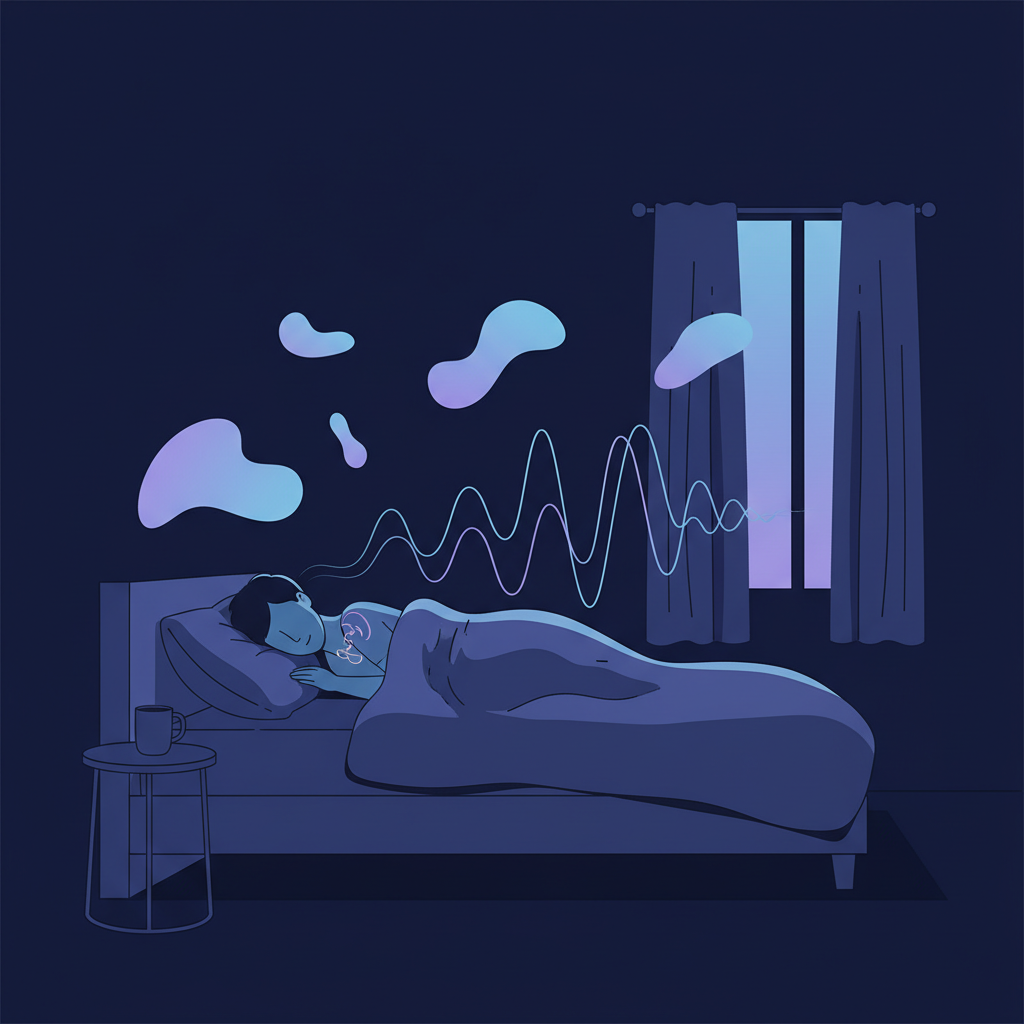 Minimalist illustration of a person peacefully drifting to sleep in a calm dark bedroom with soft breathing waves