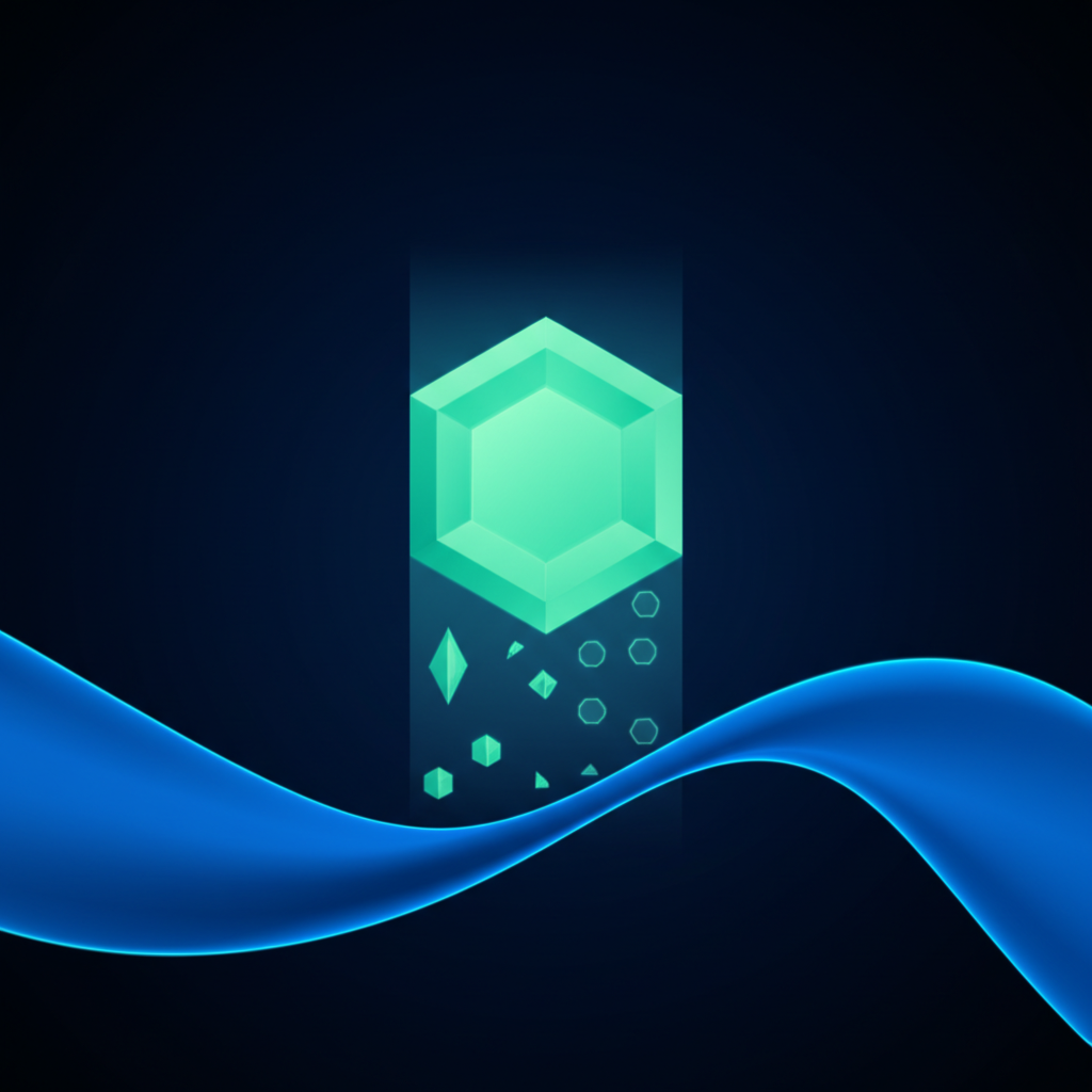 Abstract illustration of a glowing mineral crystal dissolving into calm sleep waves on a dark indigo background