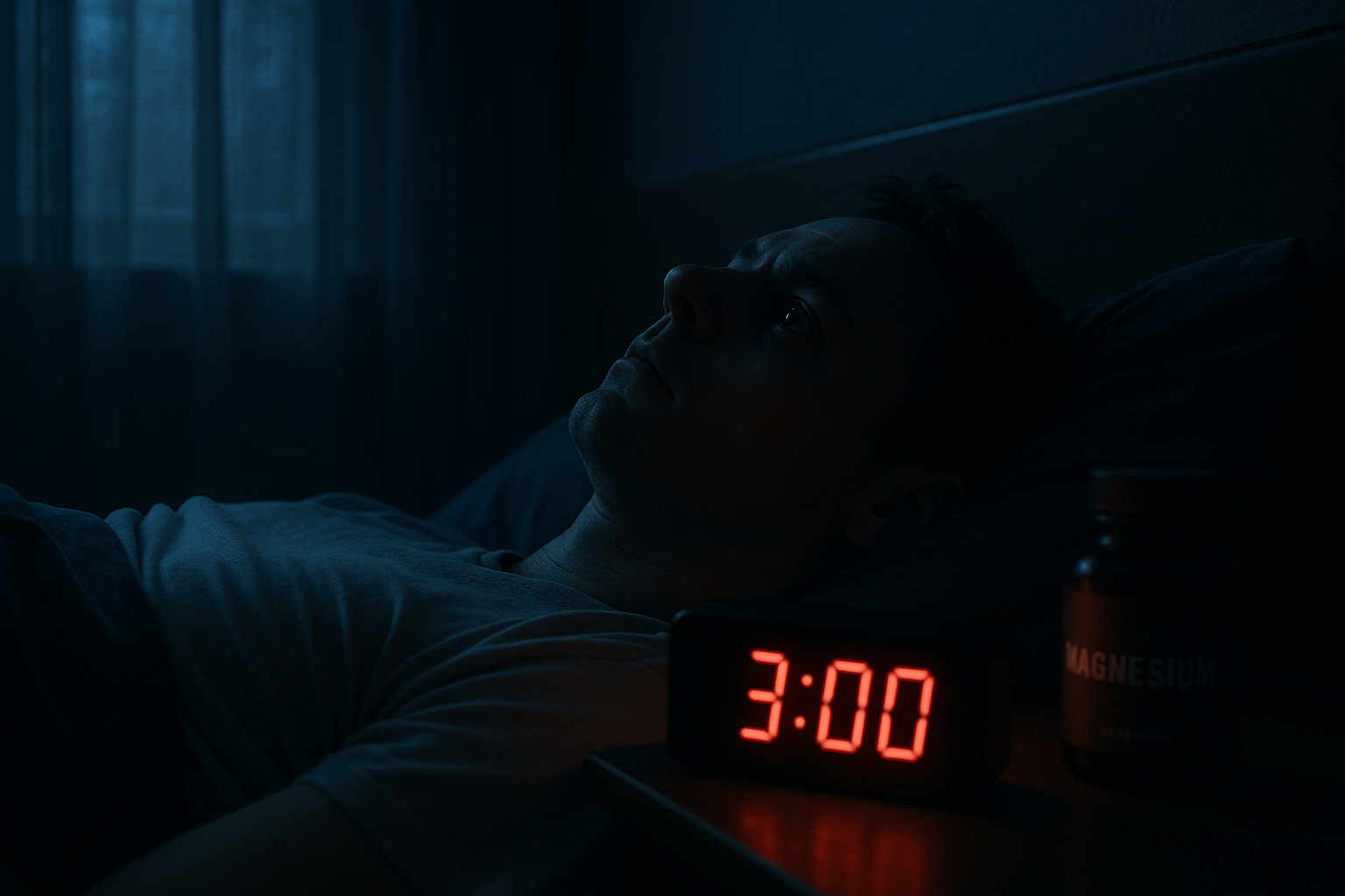 Person lying awake at 3AM with magnesium supplements on nightstand