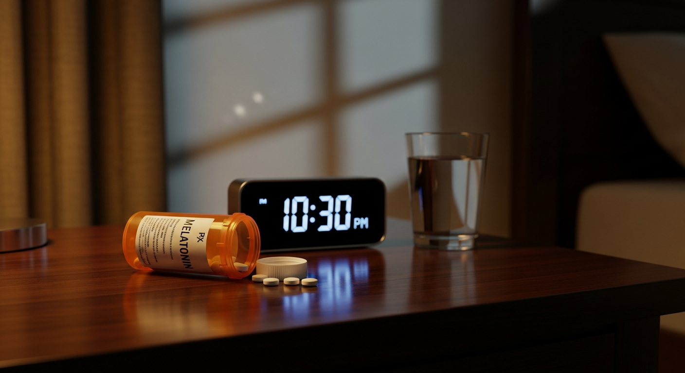 Melatonin bottle with pills on a bedside table next to a clock glowing 10:30 PM