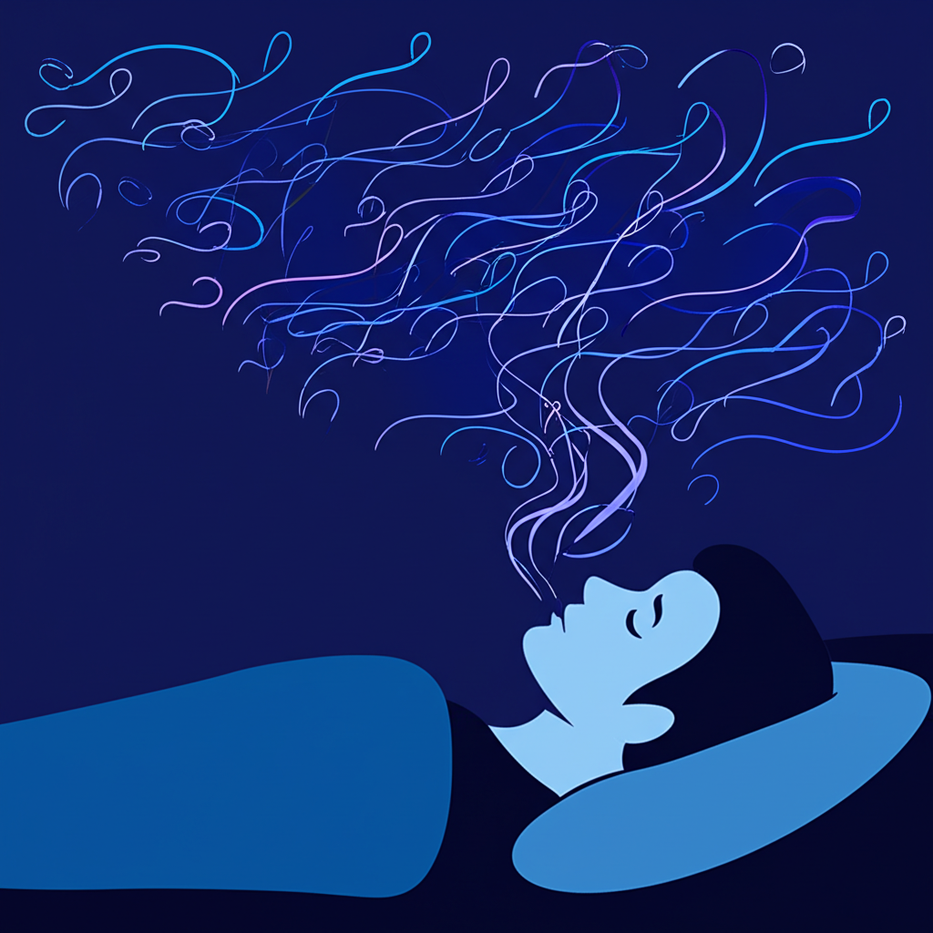 Person lying in bed with swirling thought lines above their head representing racing thoughts and sleep anxiety