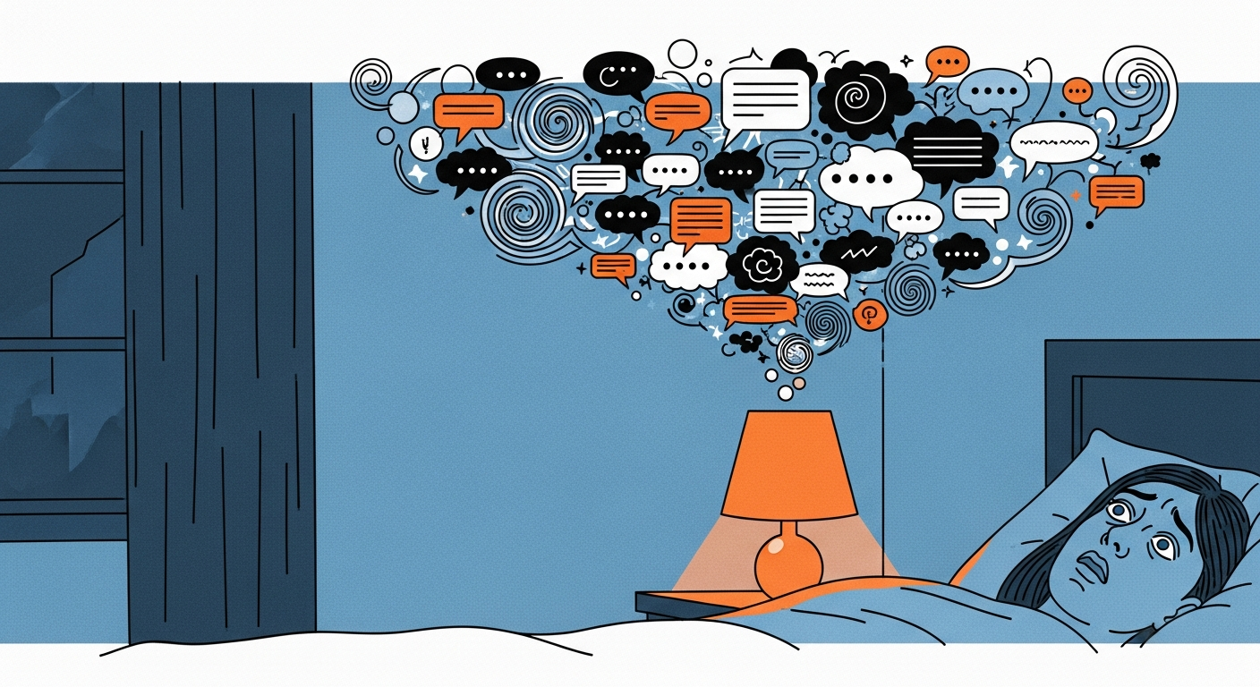 Person lying in bed with glowing thought bubbles swirling above their head showing racing thoughts and worry spirals