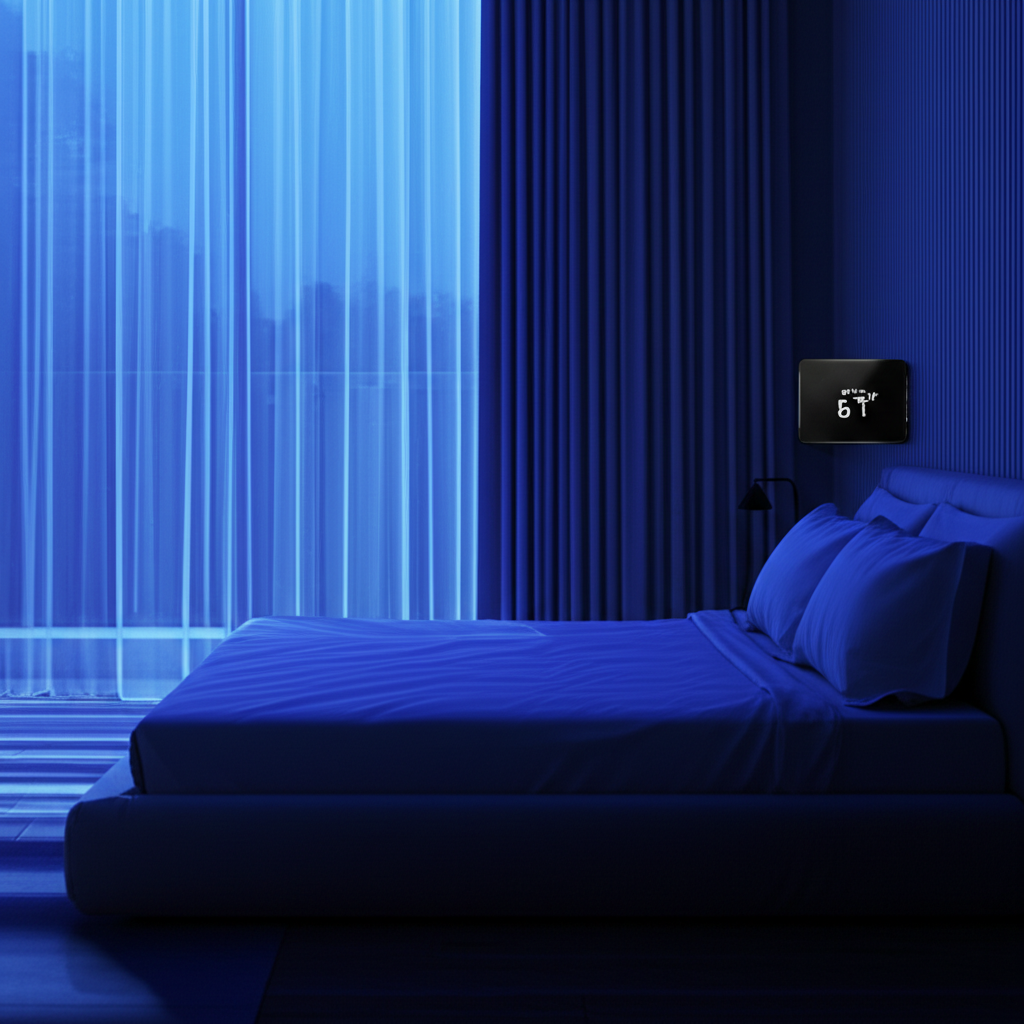 Digital thermometer showing ideal sleep temperature of 67 degrees Fahrenheit in a dark, cool bedroom
