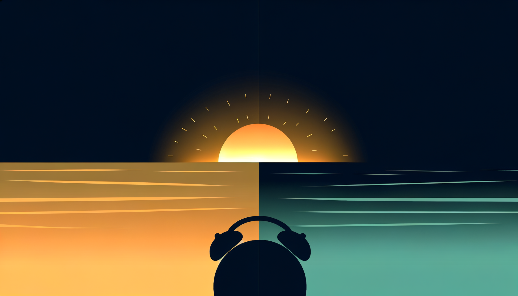 Minimalist illustration of sunrise with alarm clock silhouette