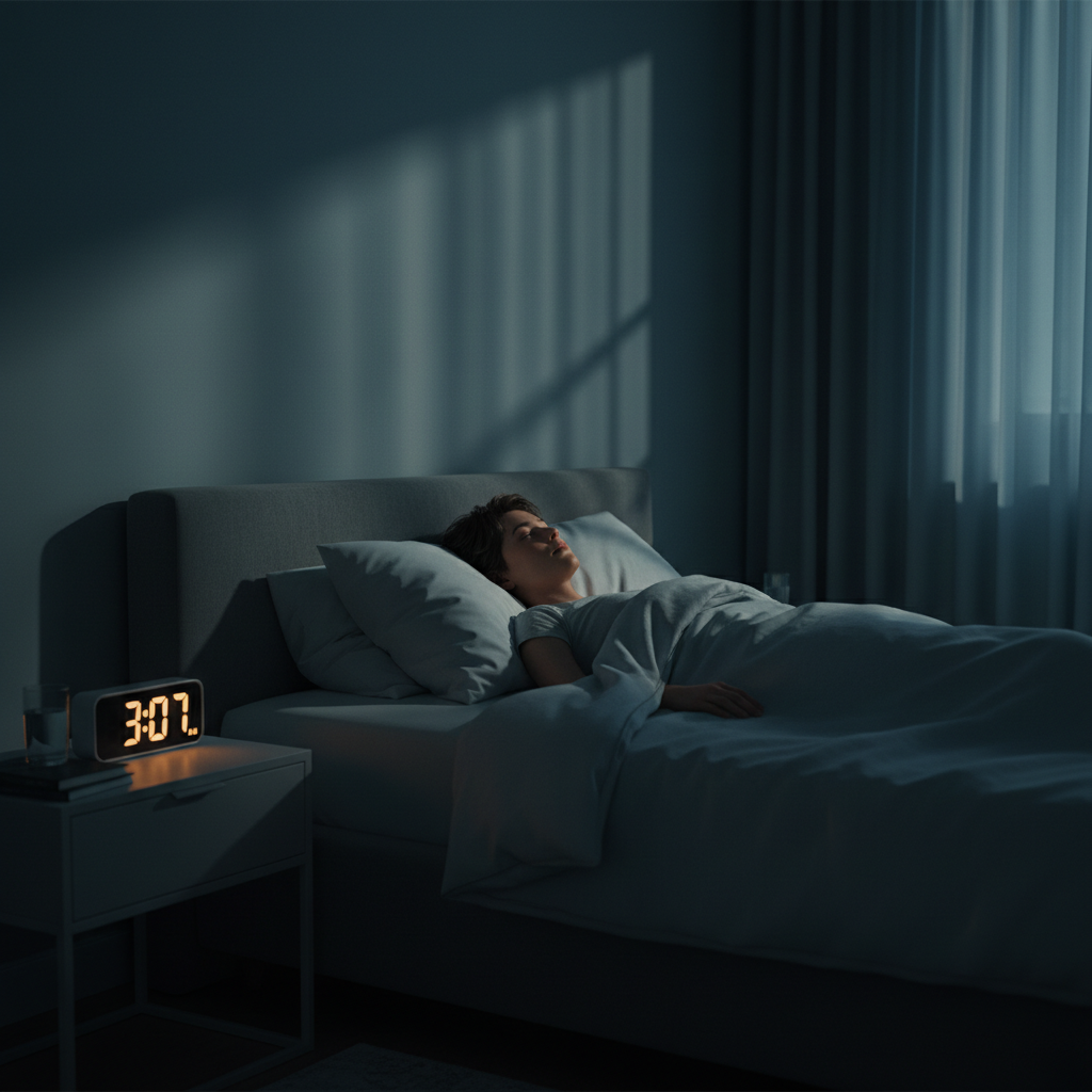 Person lying awake in bed at 3AM with alarm clock glowing on nightstand